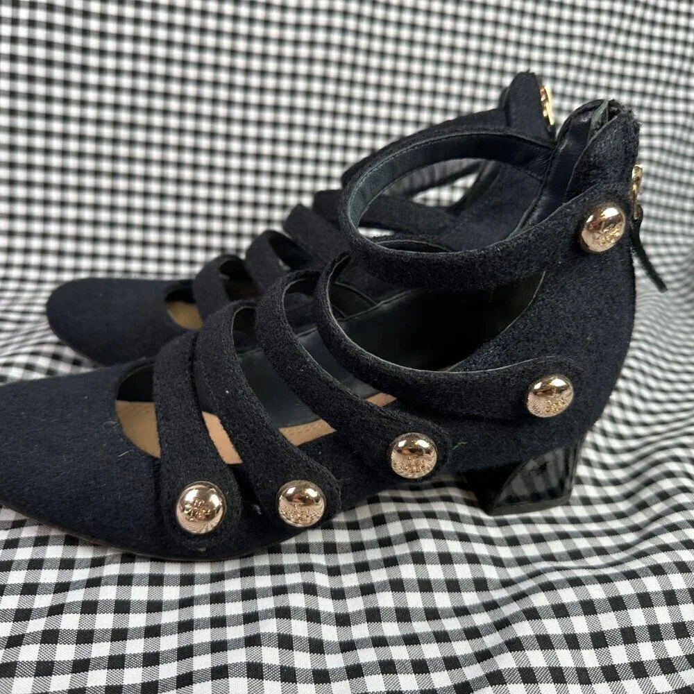 Tory Burch Marisa Low Heel Black Gold Wool Strappy Mary Jane Pumps Women's 6